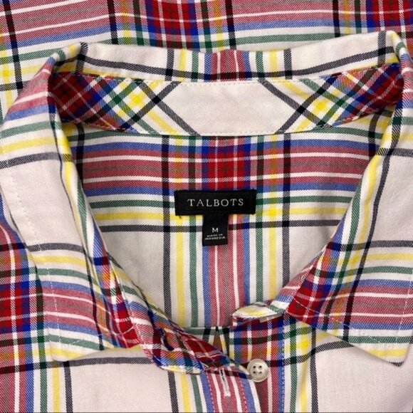 Talbots Classic Cotton Plaid Button Down Shirt Medium White Red Yellow Blue - Picture 10 of 11